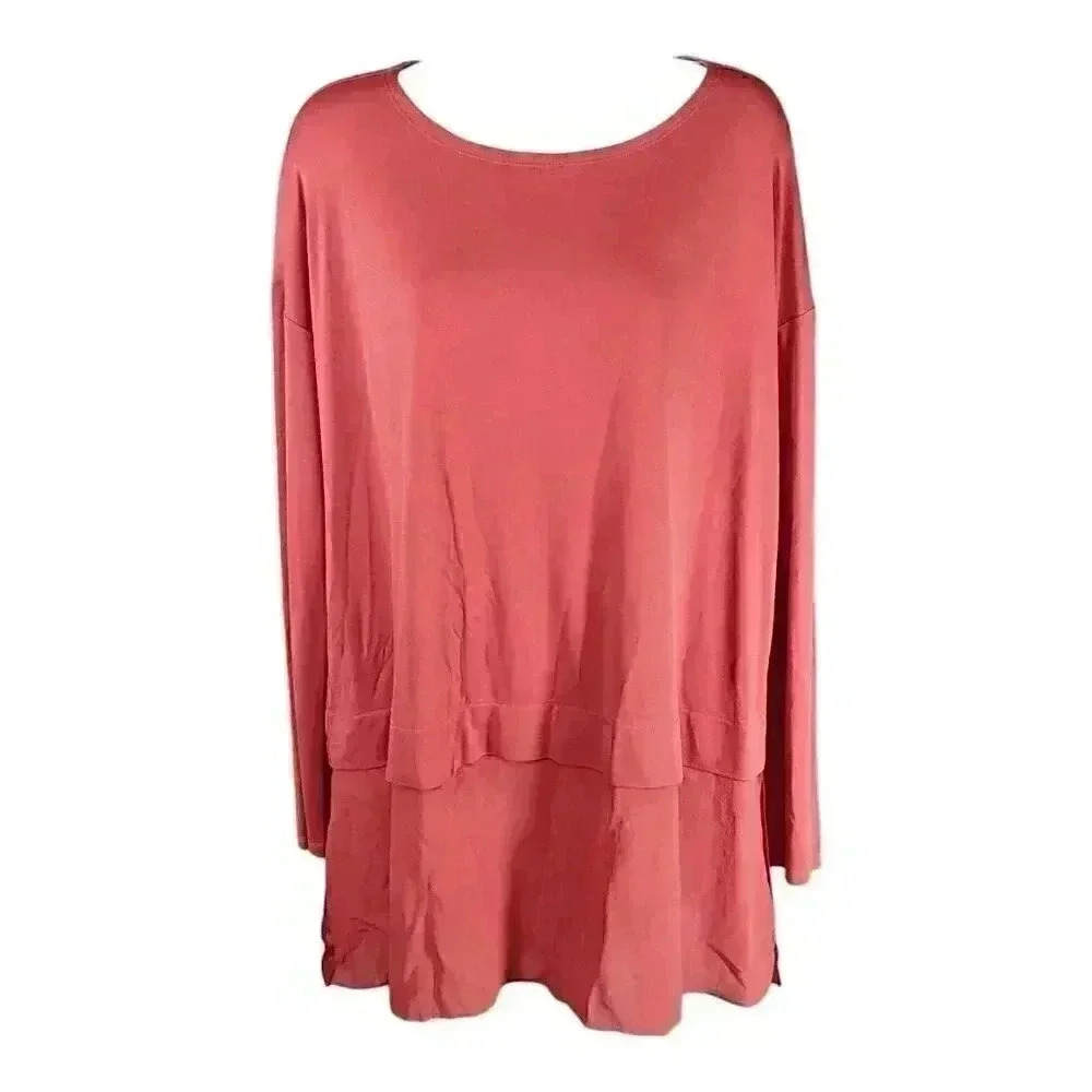 Eileen Fisher Silk Tunic Top Terracotta Red Small Round Neck Long Sleeve